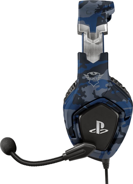 Blauwe Trust Forze-B gaming headset met camouflagepatroon, Playstation-logo en microfoon.