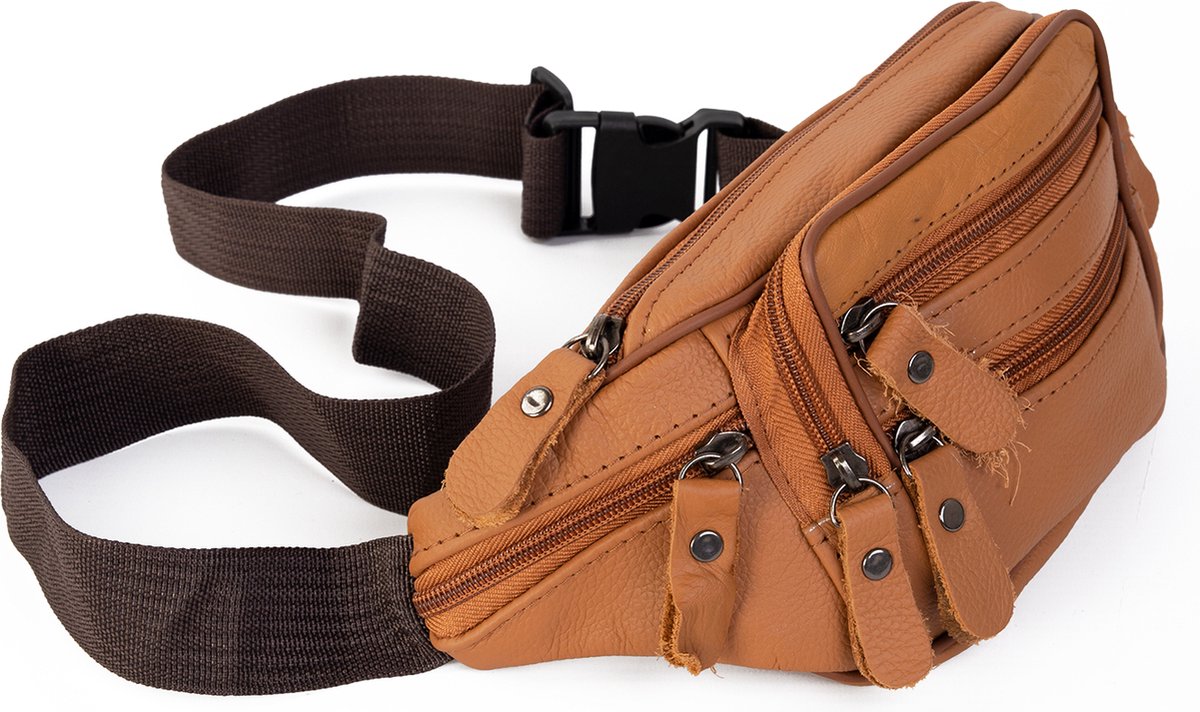 KIMU® Heuptasje Echt Leer Vakjes Camel Bruin - Fanny Pack Caramel Cognac - Lichtbruin Leren Heuptas Tas Tasje Dames Festival