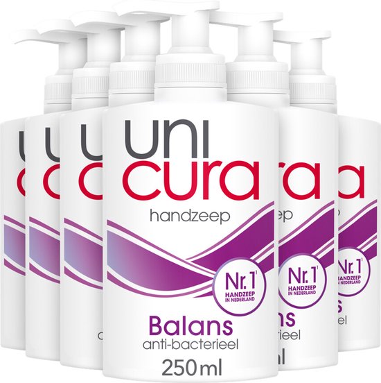 Zes Unicura Balance antibacteriële handzeep 250ml pompflacons, met Nr. 1 logo op de voorkant.