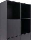 Étagère murale noire en bois avec 4 compartiments ouverts et 2 compartiments fermés.