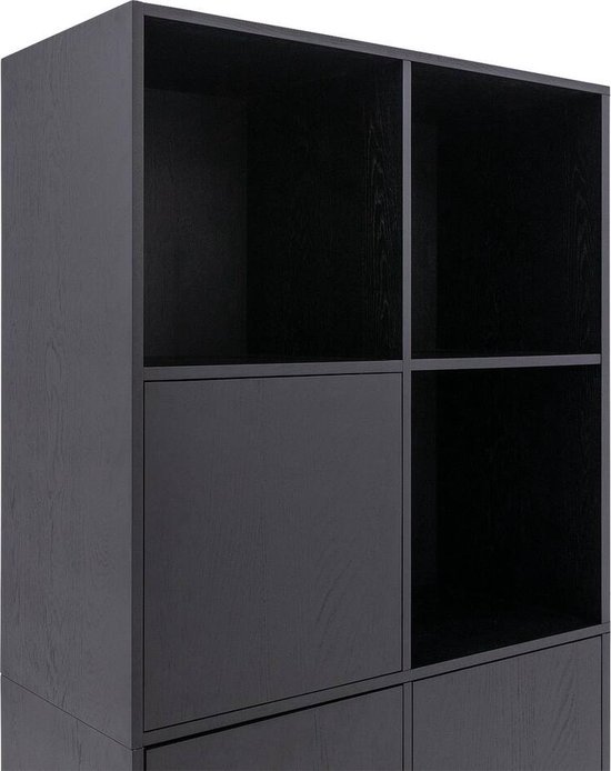 Étagère murale noire en bois avec 4 compartiments ouverts et 2 compartiments fermés.