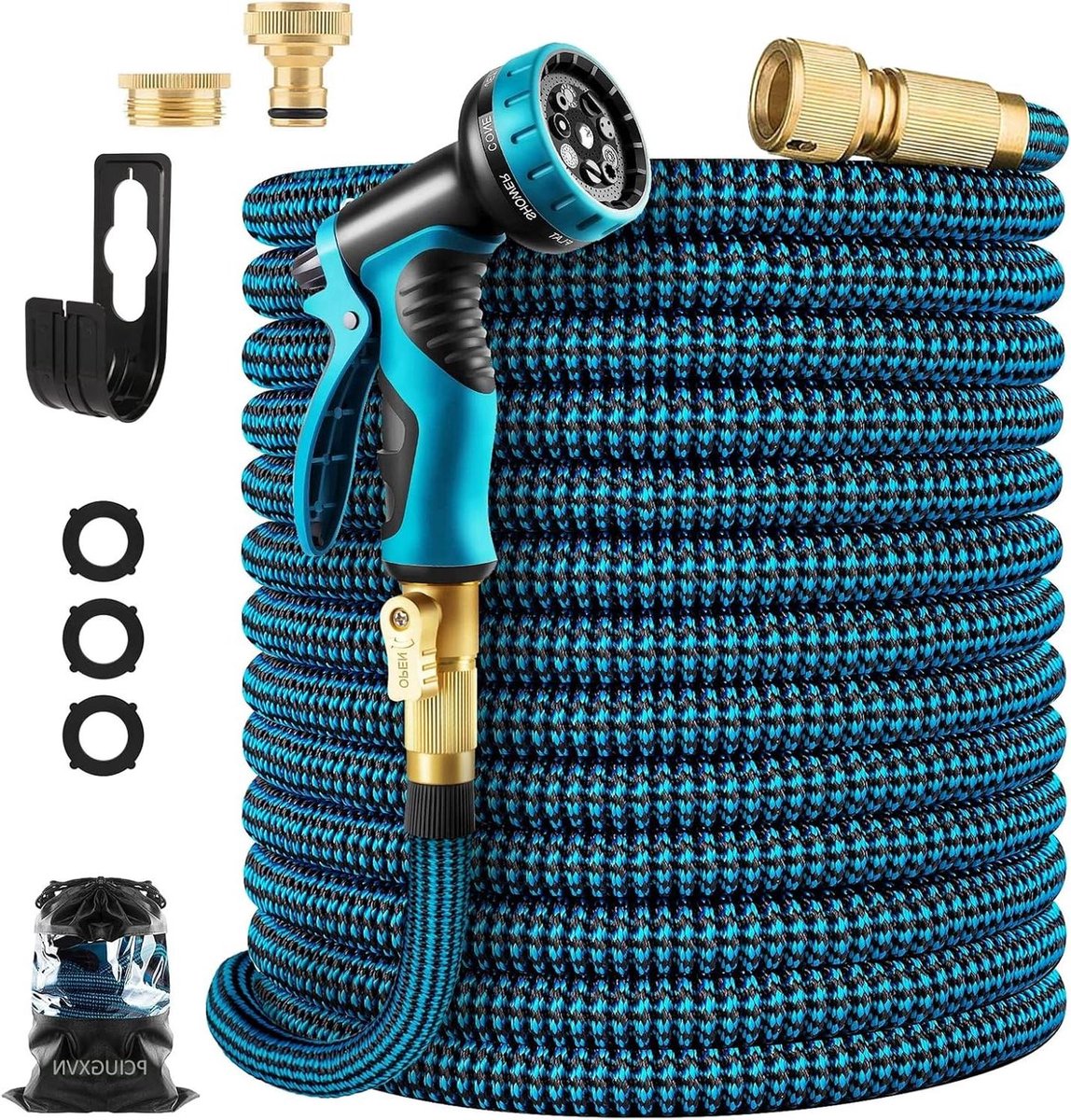 Flexibele tuinslang - uitbreidbare waterslang - 10 sproeistanden - sproei-adapter van messing - ophanglus - irrigatie tuinieren - intrekbare slang - zware belasting - 4-laagse latexkern - aansluiting (45 m blauw)