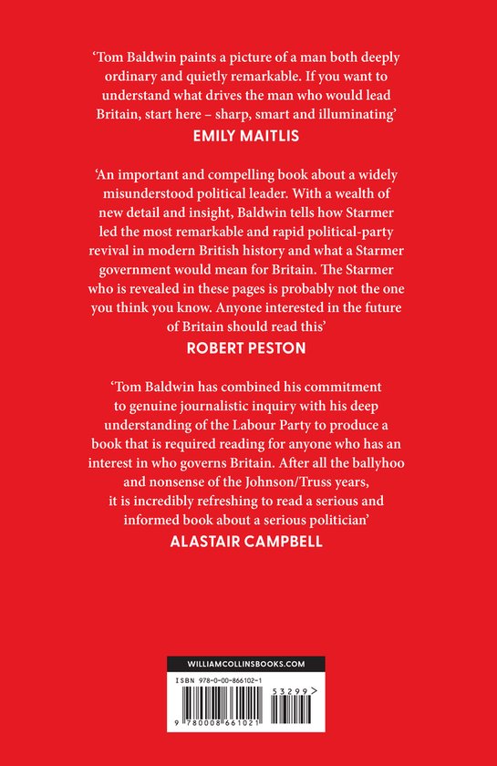 Achterkant van het boek met citaten van Emily Maitlis, Robert Peston en Alastair Campbell, en ISBN-informatie.