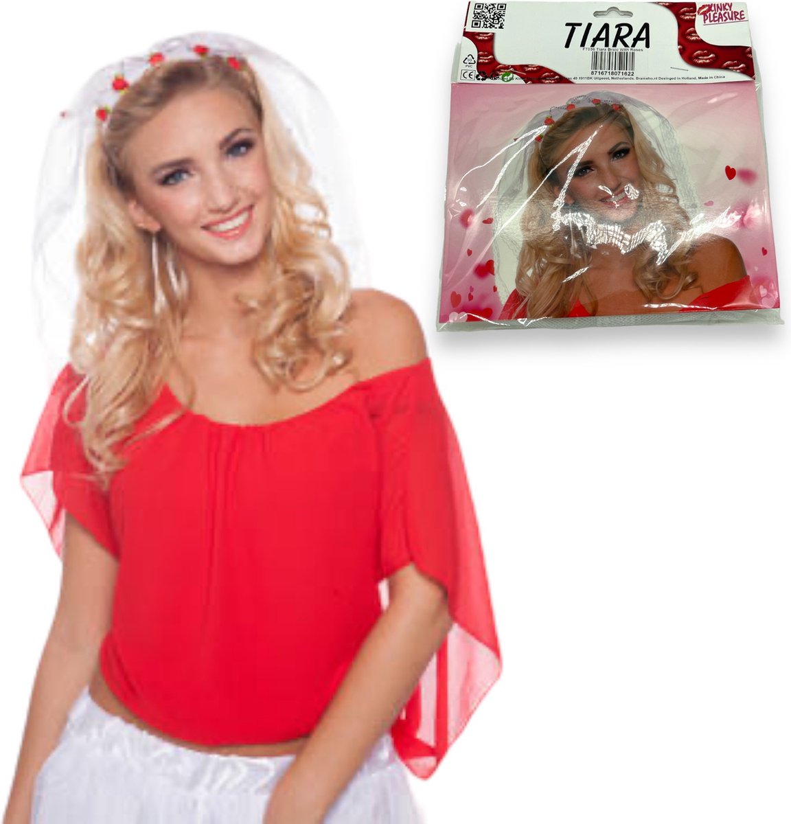 Vrijgezellenfeest Tiara met Sluier en Rozen - Bachelor Party Item - Trouwen