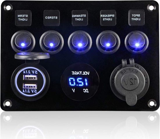 Maso - paneel met tuimelschakelaars, 12 - 24V, 8 uitgangen, dubbele usb- aansluiting, 12V LED voltmeter lader, stopcontact voor auto, boot, camper en vrachtwagen