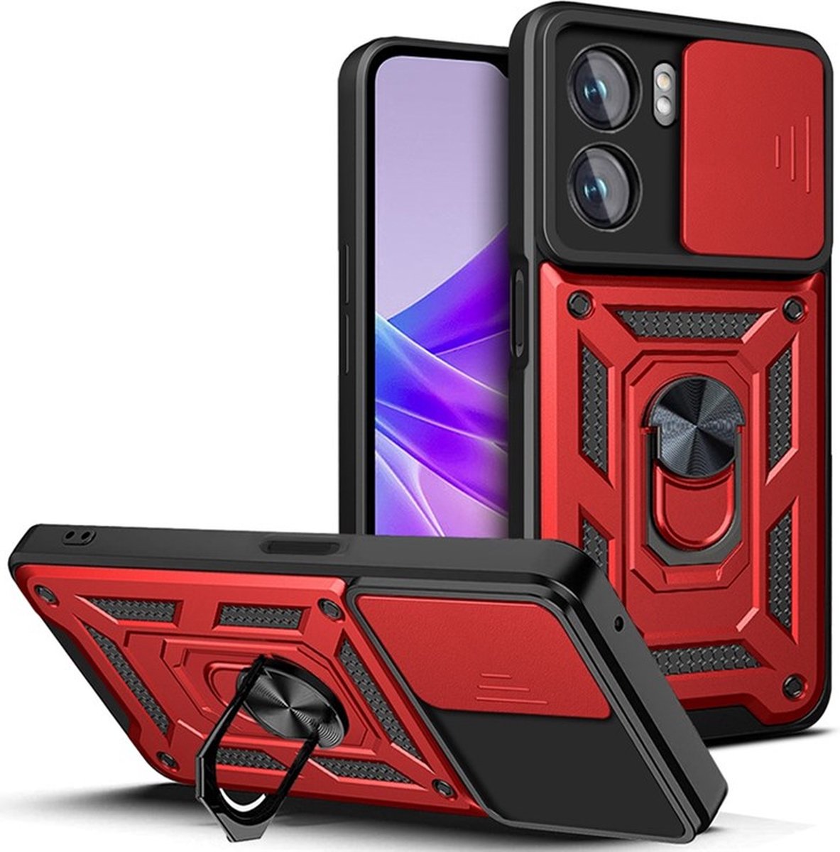MobyDefend Hoesje - Geschikt voor Oppo A57 / A57s / A77 - Pantsercase Met Draaibare Ring - Rood