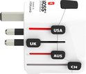 Wit reisadapter met uitschuifbare stekkers voor USA, UK, AUS, CH. SKROSS logo.