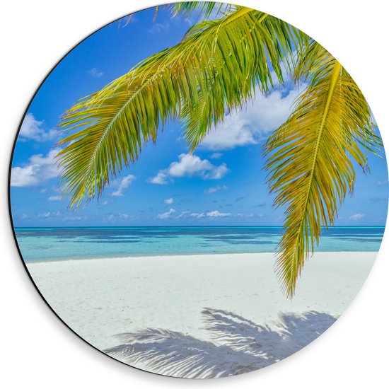 Dibond Muurcirkel - Palmbladeren Hangend voor Tropisch Eiland met Breed Strand - 30x30 cm Foto op Aluminium Muurcirkel (met ophangsysteem)