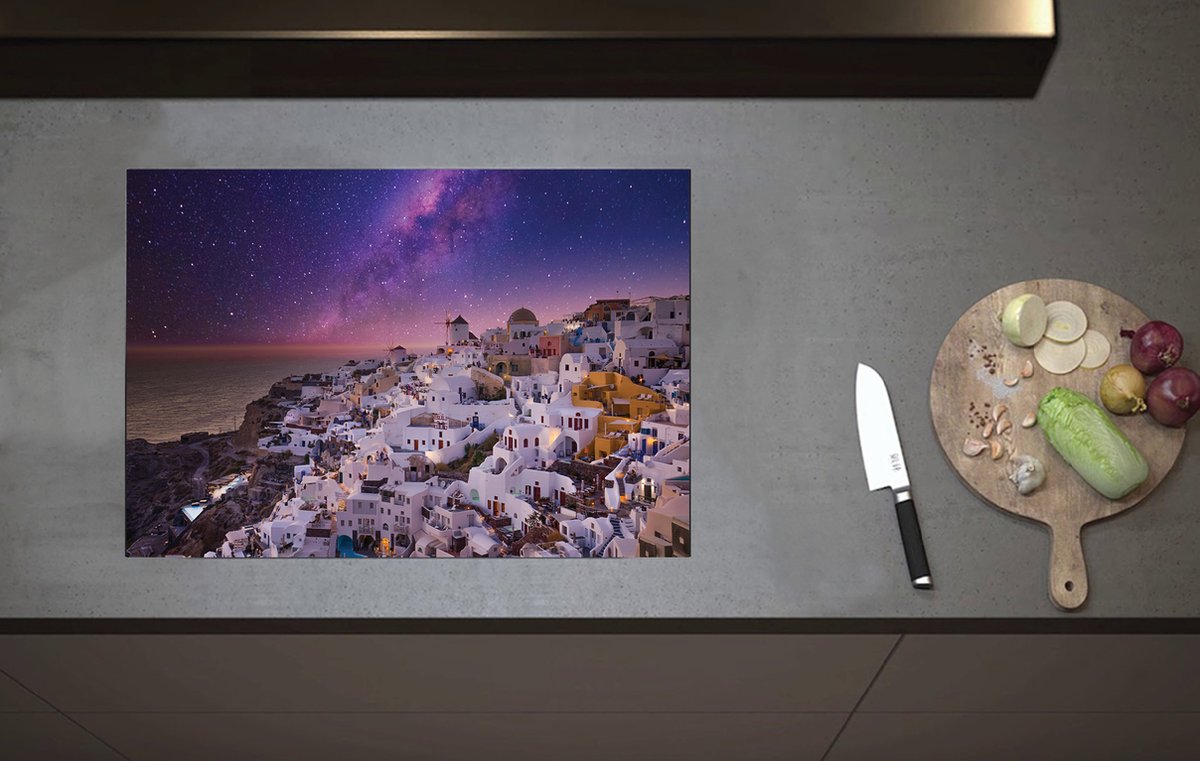 Inductieplaat Beschermer - Heldere Sterrenhemel boven Klassiek Grieks Dorpje met Witte Gebouwen - 70x52 cm - 2 mm Dik - Inductie Beschermer van Vinyl
