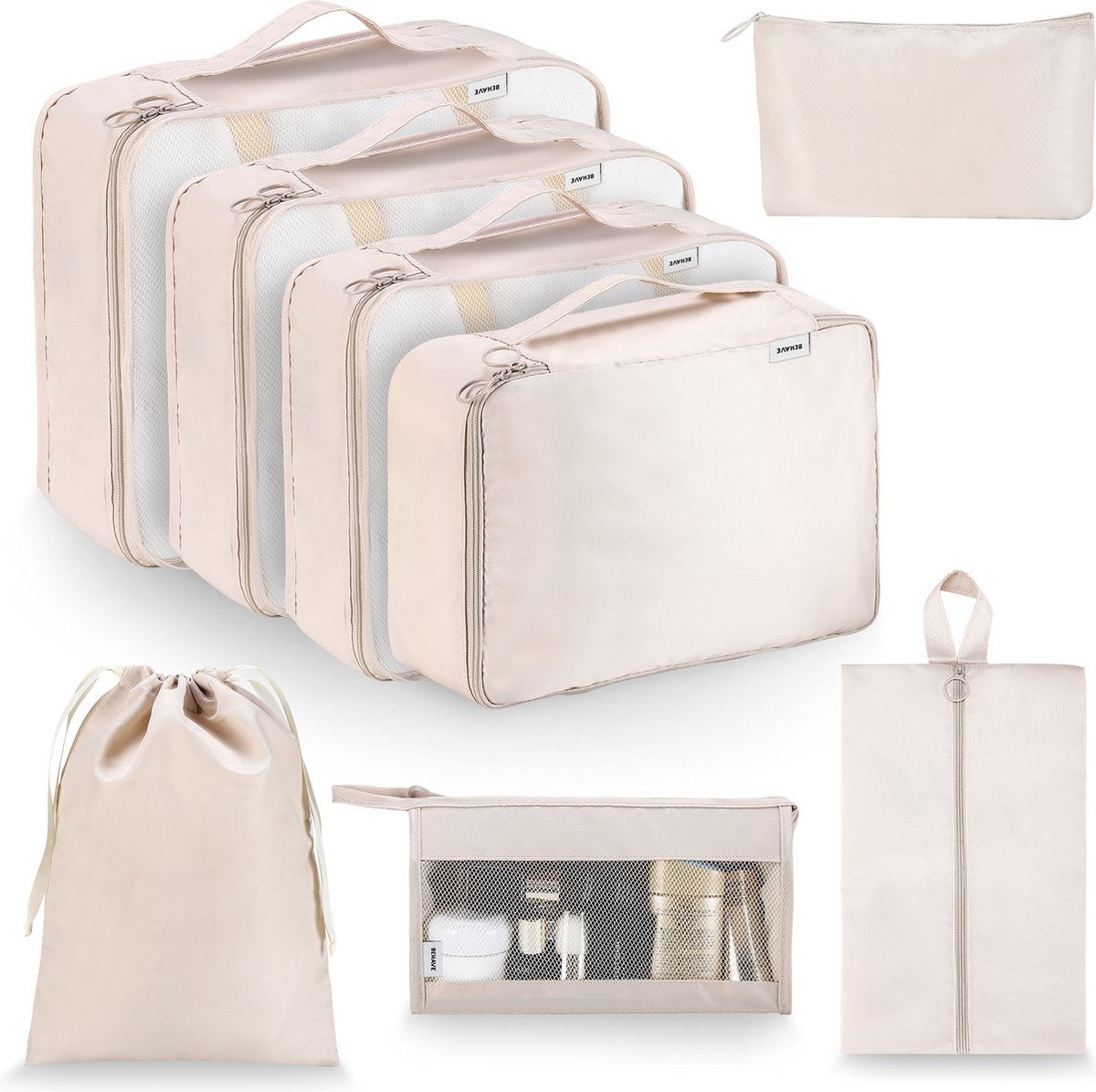 Bol.com Behave Packing Cubes - Koffer organizers - Bagage organizer set - Travel Cubes - 8 delige set - Lichtgewicht - Beige aanbieding