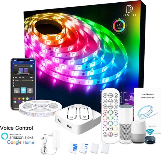 DINTO® Smart LED strip 5 meter - RGB - Wifi + App - Google home + Alexa stembediening - 16 miljoen kleuren - Dimbaar - Led strips