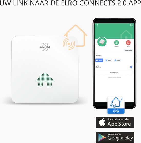 Witte ELRO Connects 2.0 app gateway en een smartphone waarop de ELRO app wordt weergegeven. App Store en Google Play logo's zichtbaar.