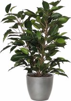 Groene ficus kunstplant 40 cm met plantenpot zilver metallic D13.5 en H12.5 cm