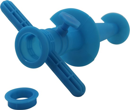 Blauwe parasolhouder met schroefdraad, T-vormig handvat en extra ring.