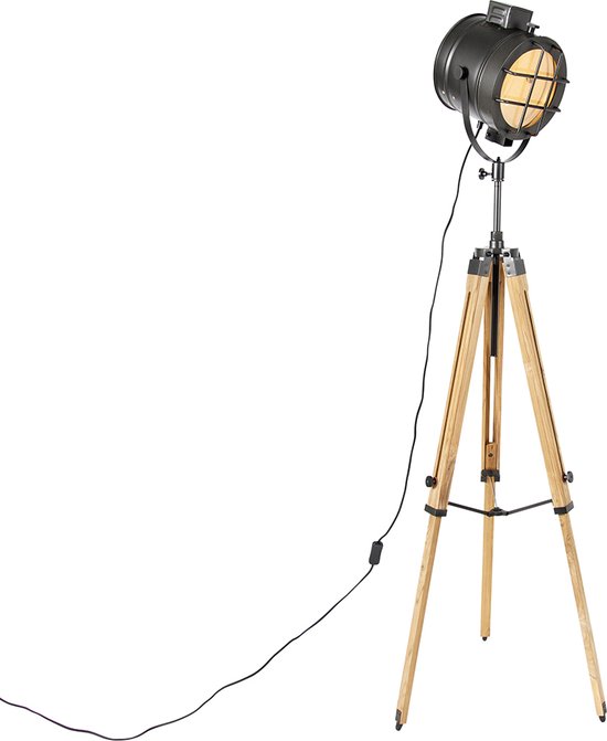 QAZQA shiny - Industriele Tripod | driepoot vloerlamp | Staande Lamp - 1 lichts - H 176 cm - Zwart - Industrieel - Woonkamer | Slaapkamer