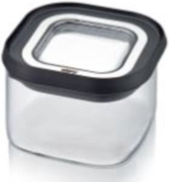 Lege GEFU voorraadbus van borosilicaatglas met zwart, luchtdicht deksel.