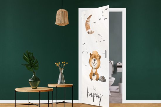 Sticker de porte Citations - Soyez heureux - Enfants - Lune - Castor - Aquarelle - 90x205 cm - Affiche de porte
