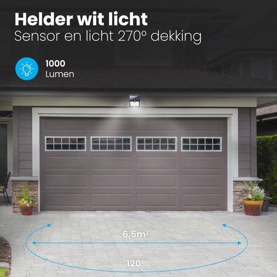 Zwarte wandlamp schijnt 1000 lumen helder wit licht op een garagedeur, 270° dekking, 6,5m² bereik.