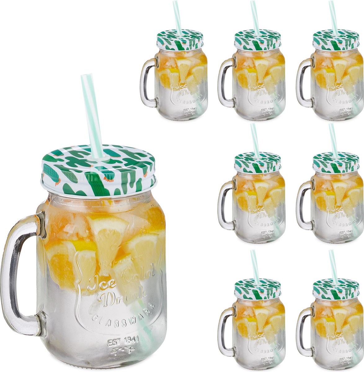 Relaxdays drinkglazen met handvat, set van 2, rietje en deksel, 450 ml, limonadeglazen, drinkopening, groen