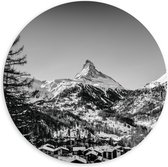 WallClassics - Dibond Muurcirkel - Grote Boom voor Sneeuwbergen (zwart/ wit) - 120x120 cm Foto op Aluminium Muurcirkel (met ophangsysteem)