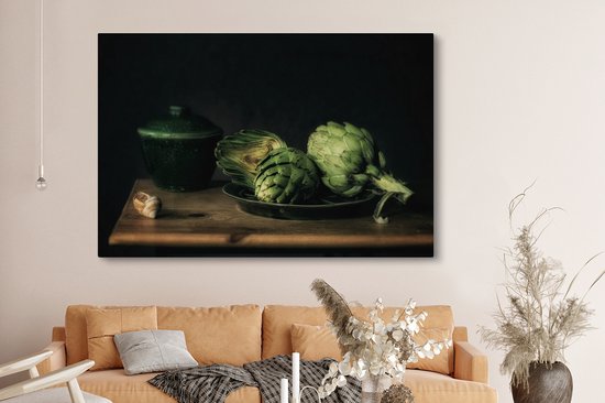 Tableau Peinture Nature Morte - Assiette - Artichaut - Art - Peinture - 180x120 cm - Décoration murale XXL
