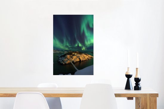 Aurores boréales vertes au-dessus d'une maison 60x90 cm