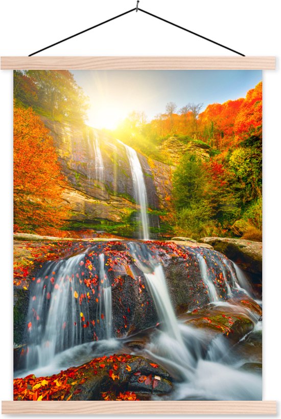 Posterhanger incl. Poster - Schoolplaat - Waterval - Natuur - Herfst - Rood - Water - 60x80 cm - Blanke latten