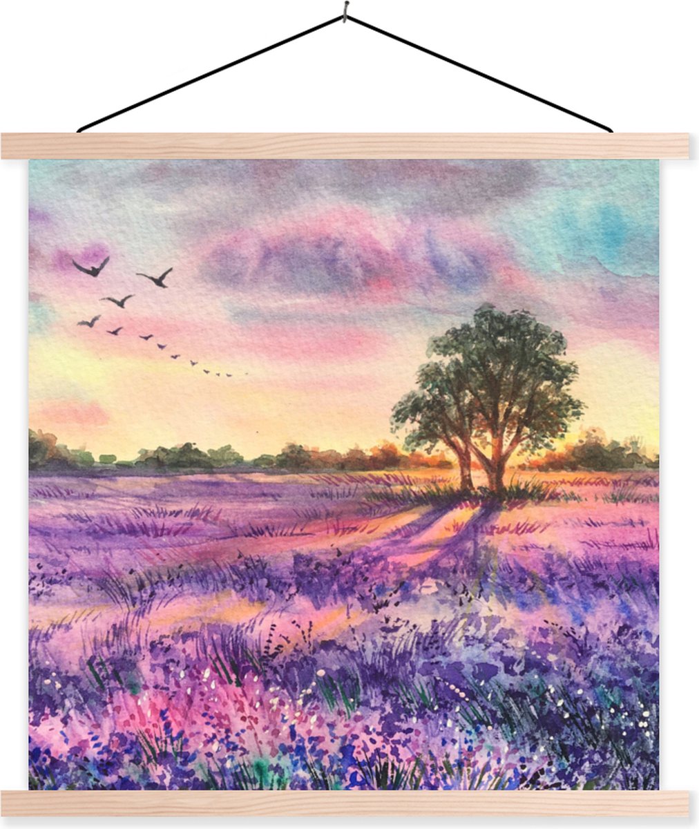 Posterhanger incl. Poster 40x40 cm - Schoolplaat - Lavendel - Verf - Vogels - Bomen - Paar