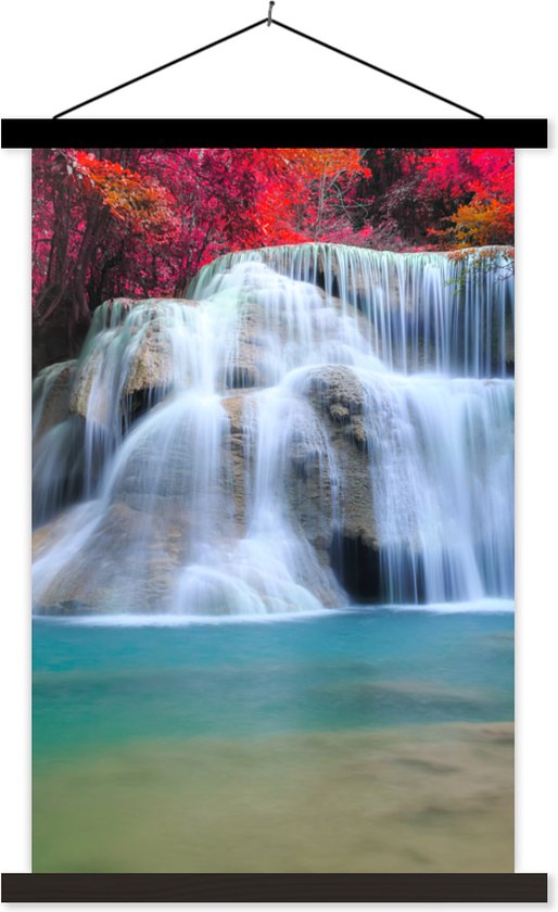 Posterhanger incl. Poster - Schoolplaat - Waterval - Bomen - Rood - Landschap - Natuur - 60x90 cm - Zwarte latten