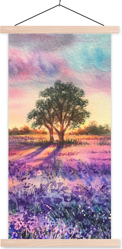 Porte-affiche avec affiche 60x120 cm - Affiche scolaire - Lavande - Peinture - Vogels - Arbres - Violet - Affiche textile - Lattes vierges