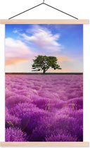 Posterhanger incl. Poster 120x180 cm - Schoolplaat - Lavendel - Boom - Zonsondergang - Paars - Textielposter - Blanke latten