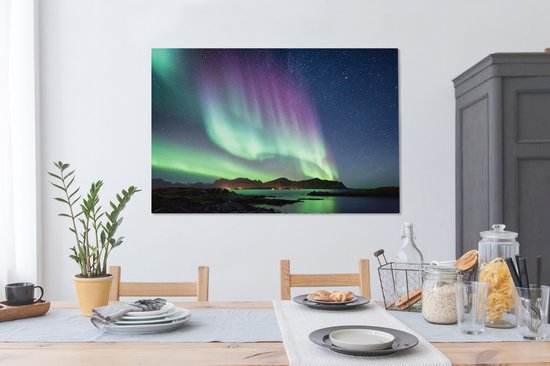 Aurores boréales colorées sur toile de Norvège européenne 140x90 cm - Tirage photo sur toile (Décoration murale salon / chambre)