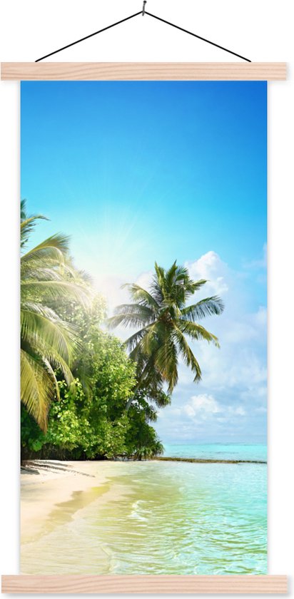 Posterhanger incl. Poster - Schoolplaat - Zee - Palmboom - Strand - Tropisch - Blauw - Groen - 40x80 cm - Blanke latten
