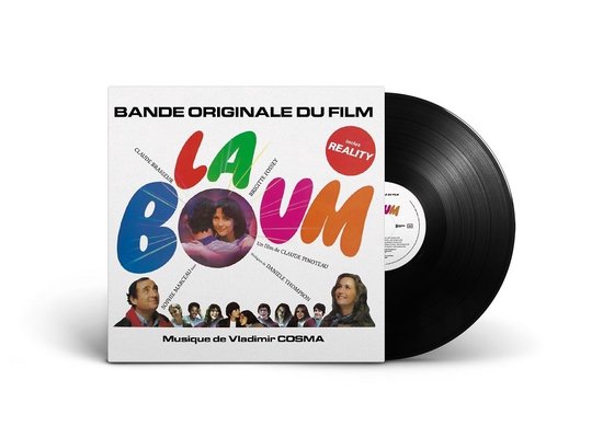 Hoes van de 'LA BOUM' soundtrack. Kleurrijke letters 'LA BOUM' met filmfoto's en acteurs.