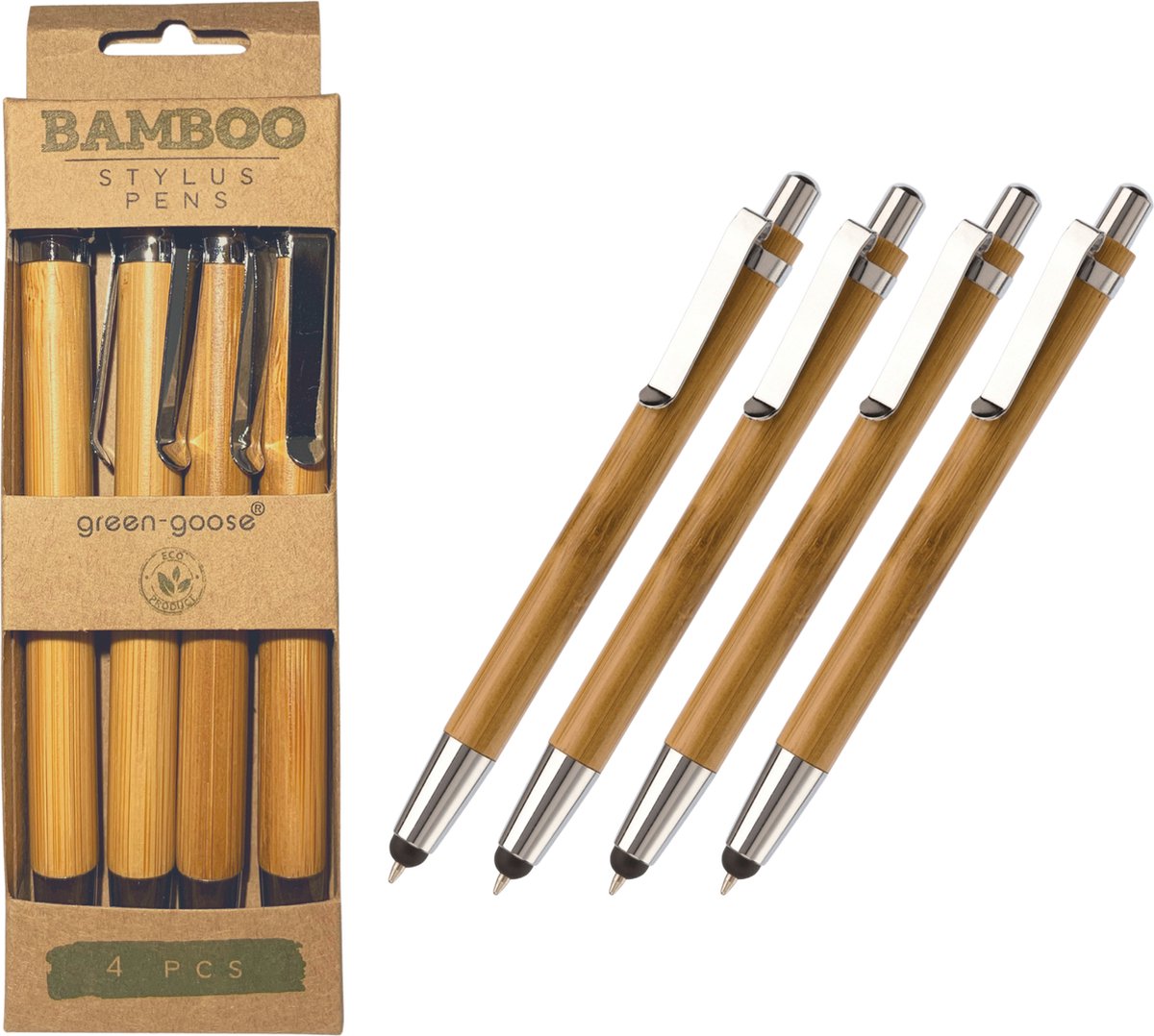 green-goose® Bamboe Stylus Pen | 4 Stuks | Met Vilt Hoesje