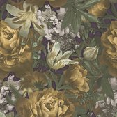 Bloemen behang Profhome 385092-GU vliesbehang hardvinyl warmdruk in reliëf glad met bloemen patroon mat geel groen violet grijs 5,33 m2