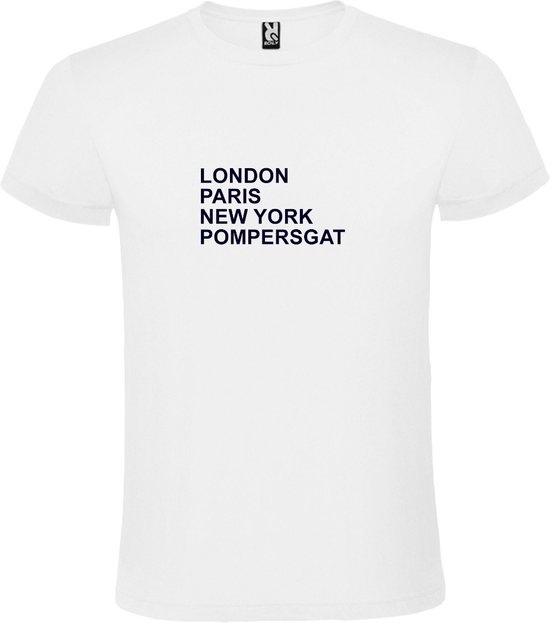 Zwart T-Shirt met London,Paris, New York, Pompersgat tekst Wit