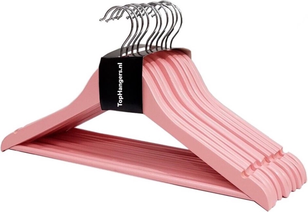 TopHangers [Set van 10] - Massief houten pink / roze gelakte kledinghangers / combihangers met handige broeklat en rokinkepingen perfect voor alle soorten kleding