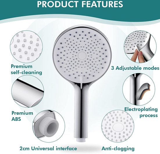 ASHORT Douchekop, handdouche, 3 straalsoorten met hoge druk