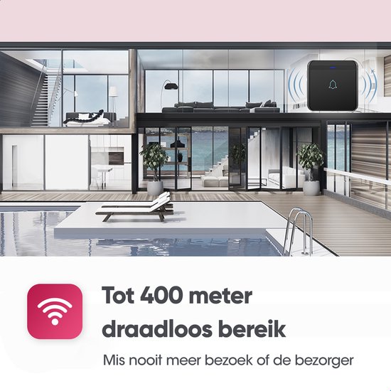 AVANTEK Draadloze deurbel met 1 ontvanger - Zwart - Bereik 400 meter - Waterdicht - Ontvangers zonder batterijen - 52 melodieën