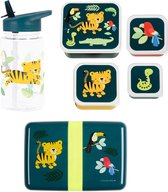 A Little Lovely Company Set de rentrée scolaire - Gourde / 4 Boîtes à goûter / Lunch box - Tigre de la jungle