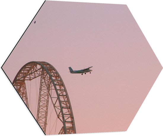 WallClassics - Dibond Hexagon - Vliegtuig Vliegend langs Achtbaanrails - 80x69.6 cm Foto op Hexagon (Met Ophangsysteem)