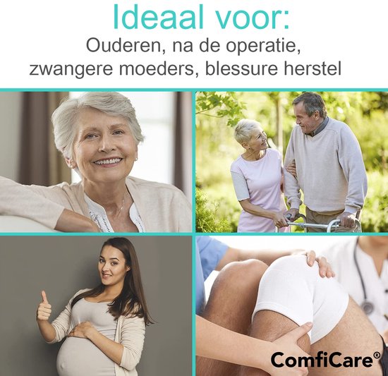 Vier foto's tonen een lachende senior, een ouder stel, een zwangere vrouw en een medische behandeling van een knie.