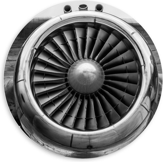 WallClassics - PVC Schuimplaat Muurcirkel - Vliegtuigmotor in het Zwart Wit - 60x60 cm Foto op Muurcirkel (met ophangsysteem)