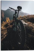 WallClassics - Dibond - Geparkeerde Mountainbikefiets in Berglandschap - 50x75 cm Foto op Aluminium (Met Ophangsysteem)