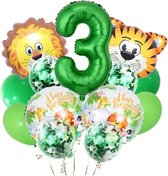 Jungle Ballonnen set - 3 Jaar - 13 stuks - Verjaardag Versiering / Feestversiering - Kinderfeestje - Jungle - Safari - Dieren - Dierentuin - Zoo - Helium ballon - Groene ballon - Gele balon - Jungle Versiering - Happy Birthday