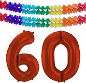 Folat folie ballonnen - Leeftijd cijfer 60 - rood - 86 cm - en 2x slingers