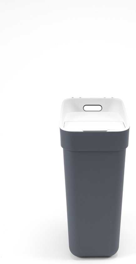 Poubelle rectangulaire gris foncé avec un couvercle blanc plat à deux poignées.