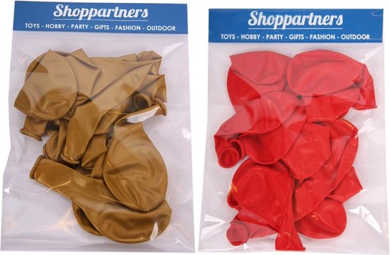 Twee doorzichtige plastic verpakkingen met daarin onopgeblazen ballonnen. Eén pak bevat goudkleurige ballonnen, het andere rode.