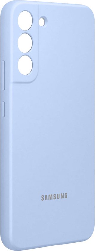 Lichtblauwe Samsung telefoonhoes, achterkant met cameralensuitsparing en Samsung logo.